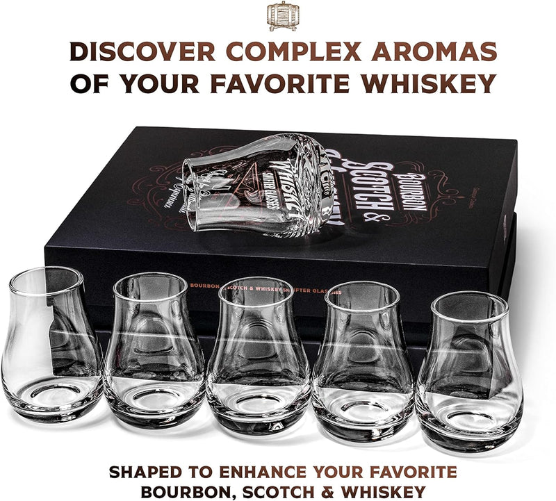 Whiskey, Scotch, Bourbon Tasting Glasses | Set of 6 | Professional 3.5 oz Stemless Tulip Shaped Tasting and Nosing Copitas | Small Crystal Snifters Gift Sniffers for Sipping Neat Liquor