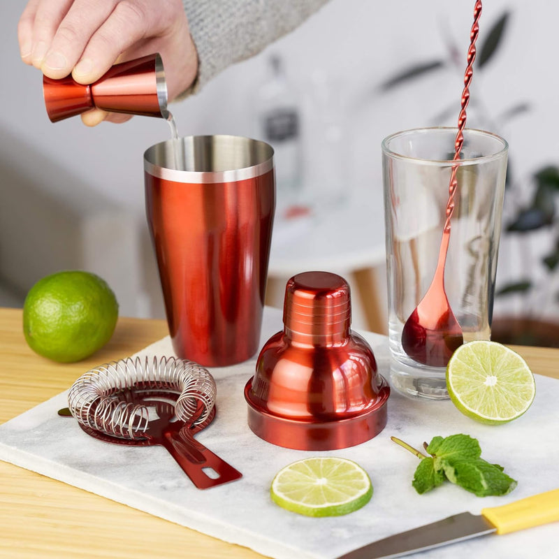 True Barware Set, Cocktail Shaker, Jigger, Muddler Barspoon, and Hawthorne Strainer, Prefect Craft Cocktail Mixing Kit, Bar Accessories and Gift, Stainless Steel, 4-Piece set, Red