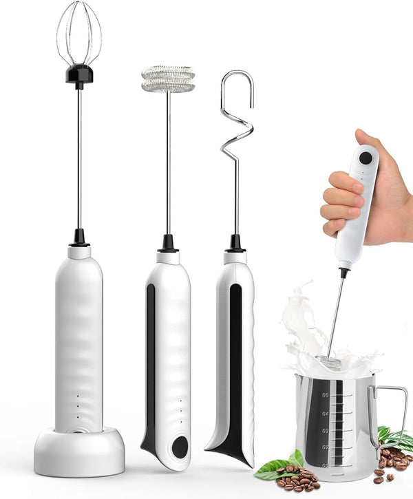 Milk Frother Handheld, USB Rechargeable Milk Foam Maker with 3 Stainless Whisks, Mini Blender Mixer 3 Speeds Adjustable for Coffee, Latte, Cappuccino, Matcha, Hot Chocolate, Egg, White