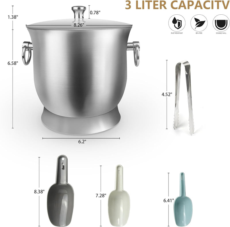 Fortune Candy Insulated Ice Bucket - Double Walled Stainless Steel Ice Bucket with Ice Tongs, Scoop, Lid, and Exclusive Handmade Nylon Holder - 3.3 L