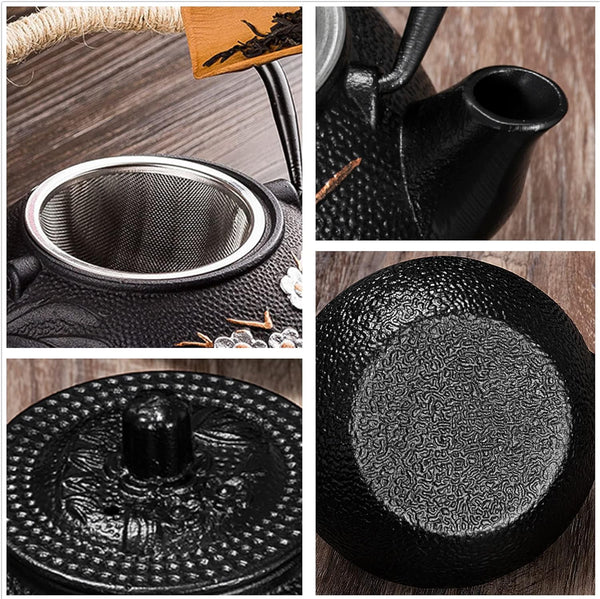 26 oz Japanese Cast Iron Teapot Cup Set Tea Kettle Maker Tetsubin with Infuser and Trivet, Black with Plum Blossom (Black Plum & Bamboo)