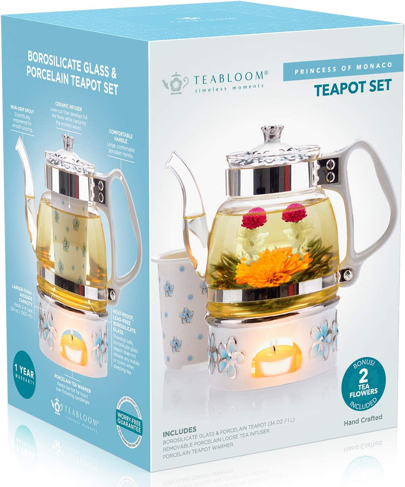 Teabloom Princess of Monaco Teapot & Blooming Tea Gift Set (6 Pieces) - Borosilicate Glass Teapot (34 oz / 1000 ml / 3-4 Cups), Porcelain Lid, Tea Warmer + Candle, Loose Tea Infuser, 2 Flowering Teas