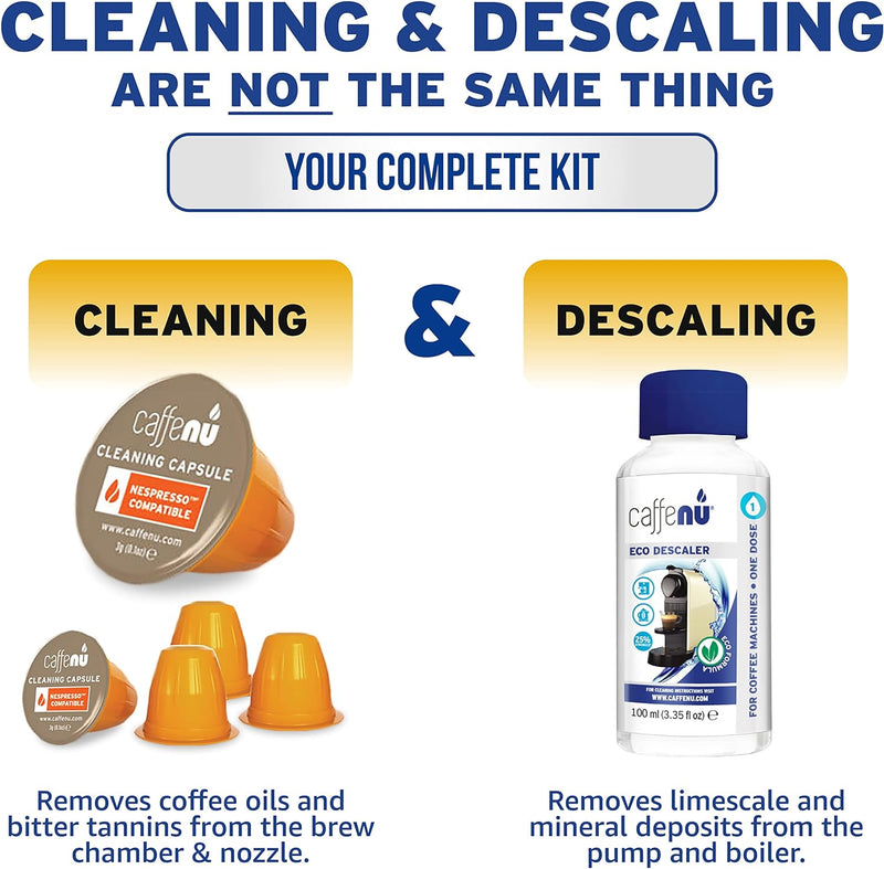 Caffenu Nespresso Descaling & Cleaning Kit. 3 Month Supply. 3.38 Fl Oz Bottle of Nespresso Descaling Solution & 4 Nespresso Cleaning Pods. Removes Limescale