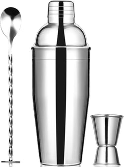 FNT Cocktail Shaker 24oz, Martini Shaker, 18/8 Stainless Steel Drink Shaker with Built-in Strainer, Leak Free and Rust Free, Professional Bar Tools for Bartender