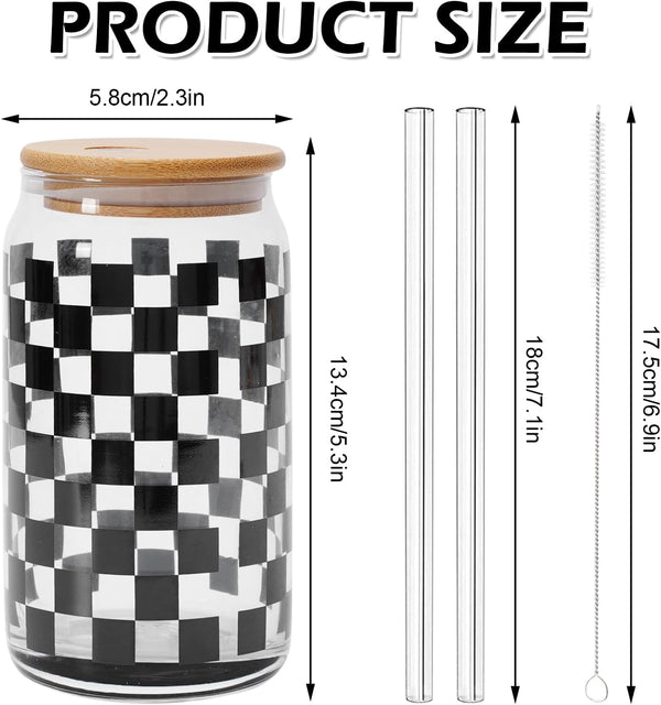 Whaline 2 Pack Checkered Drinking Glasses 16oz Black Checkered Glasses Cup Ice Coffee Cup with Bamboo Lid Glass Straw Cleaning Brush for Race Car Party Drink Decoration Gifts
