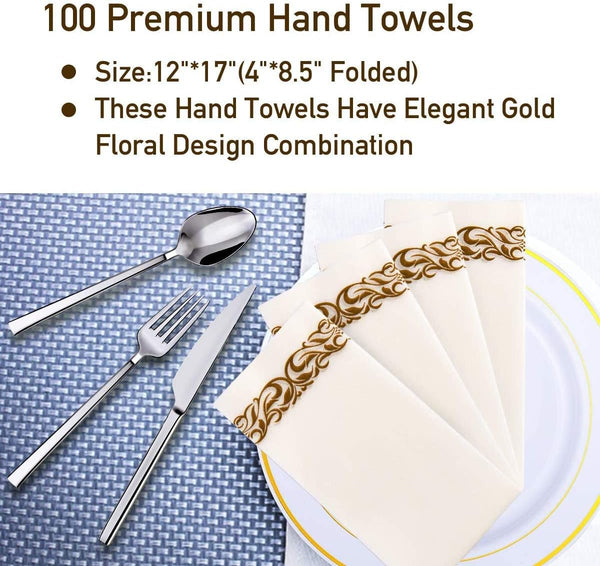 JOLLY CHEF 100 Disposable Hand Towels, Soft and Absorbent Linen Feel Dinner Napkin, Elegant Decorative Paper Guest Towels for Kitchen, Bathroom,Weddings,Parties, Gold and White