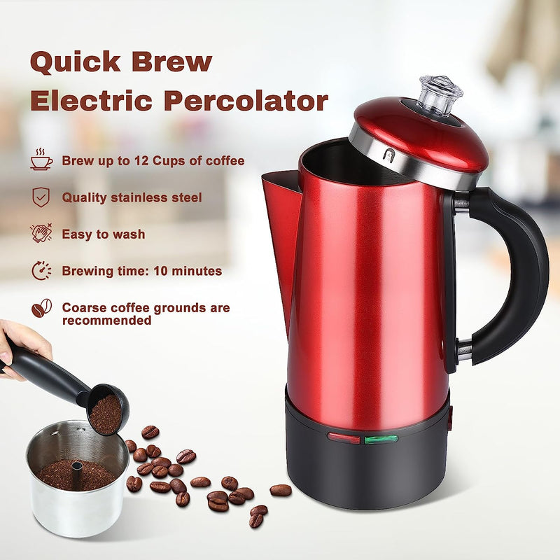 WerkWeit Electric Coffee Percolator 12 Cup Stainless Steel Percolator Coffee Maker with Cord-Less Server and Easy Pour Spout Quick Brew Percolator Coffee Pot 1.5L Capacity