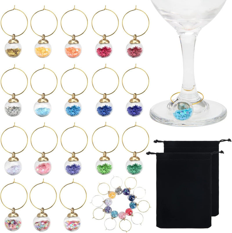 Anglecai 18Pcs Wine Glass Charms Tags Identification, Decorate Wine Glass Drink Markers with 40Pcs Rings/ 2Pcs Velvet Bags, Funny Wine Charms for Stem Glasses Cocktail Tasting Party