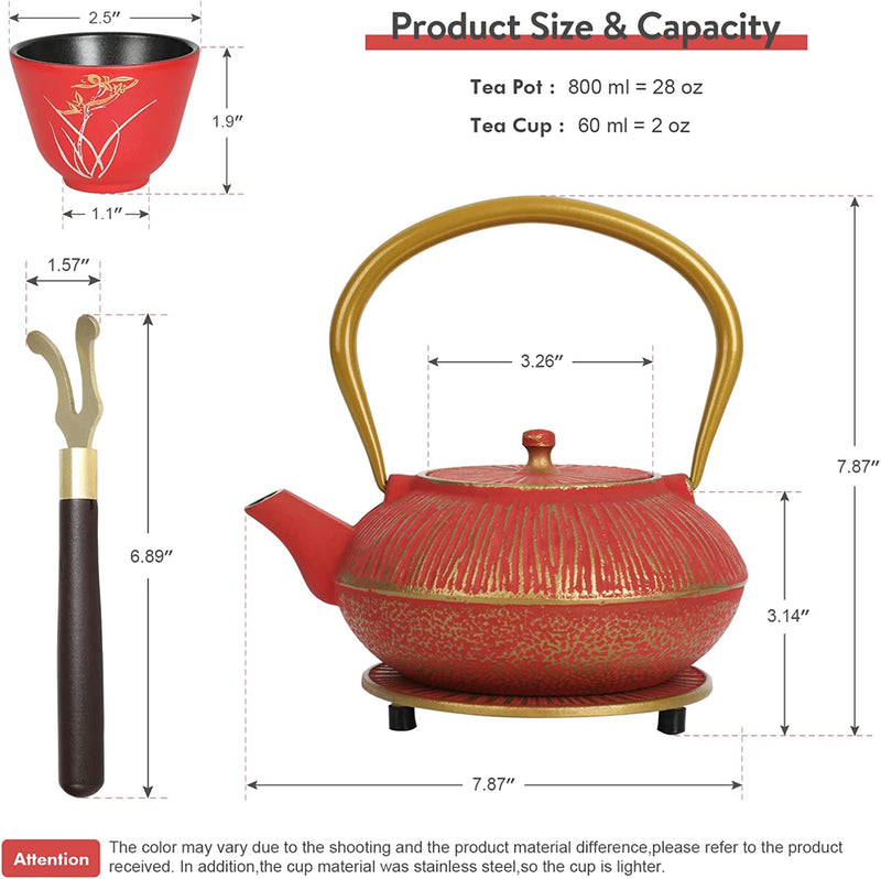 Tovacu Japanese Style Cast Iron Teapot Set With 4 Tea Cups Tea Infuser Trivet Tetsubin Tea Kettle Classic Red Gold Tea Set for Women Adult Mother Father Gift (800 Milliliter/28 Ounce)