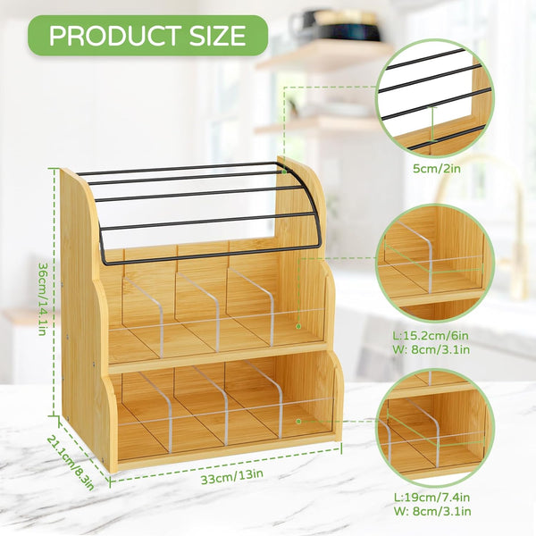 LASZOLA Bamboo Tea Bag Organizer with Metal Coffee Pods Holder, Tea Bag Storage Box Caddy Rack Dispenser Shelf for Tea Bag Organizer, Sugar Packet Station Container for Countertop Cabinet Office