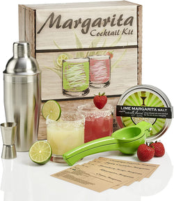 Margarita Cocktail Kit - Set of Rocks Glasses | Stainless Cocktail Shaker & Jigger | Citrus Squeezer | Rokz Lime Infused Margarita Salt | Recipe Cards. The Perfect Margarita Kit Gift Set!