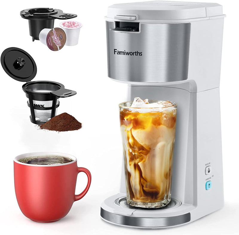 Famiworths Iced Coffee Maker, Hot and Cold Coffee Maker Single Serve for K Cup and Ground, with Descaling Reminder and Self Cleaning, Iced Coffee Machine for Home, Office and RV