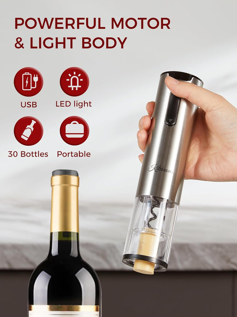 KITVINOUS Electric Wine Opener Set with Charging Base, Automatic Wine Bottle Opener with Led Light, Durable Corkscrew with Wine Aerator & Preserver Vacuum Pump with 2 Stoppers, Foil Cutter, Silver