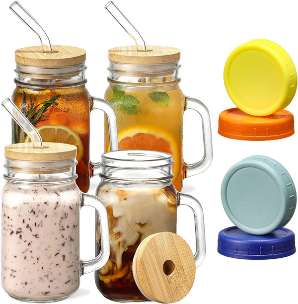 Mason Jars with Handle, Glass Mugs with Glass Straws and Bamboo Lids & Colorful Airtight Lids 4pcs Set, 16oz Drinking Glass Cups, Travel Tumbler for Iced Coffee, Smoothie, Overnight Oats Containers