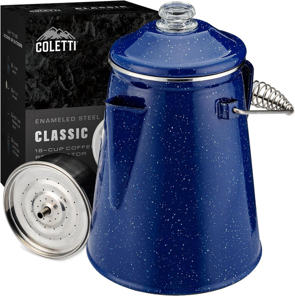 COLETTI Classic Enamel Camping Coffee Pot (Blue, 18 Cup) — Brew Bold Coffee for the Whole Campsite — A Brewmaster’s Best Gear for Great Coffee – XL Campfire Percolator