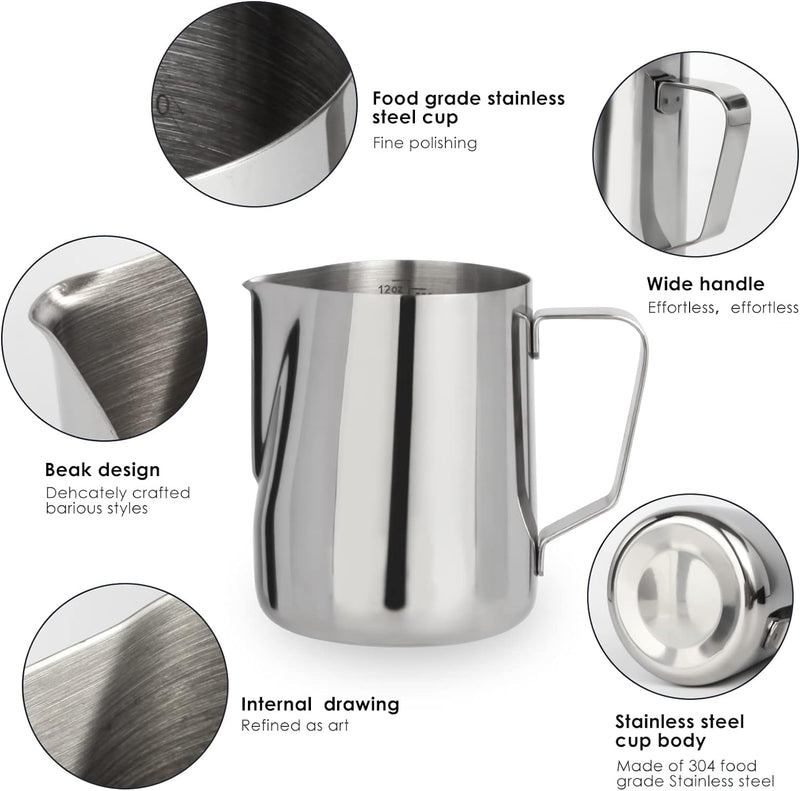 Milk Frothing Pitcher, 12 Oz Milk Frother Steamer Cup Stainless Steel Espresso Cup