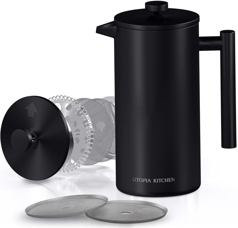 Utopia Kitchen French Press Coffee Maker 34Oz, Double Wall Insulated Stainless Steel with 4-Level Filtration system, Includes 2 Extra Filters, Rust-Free, Silver