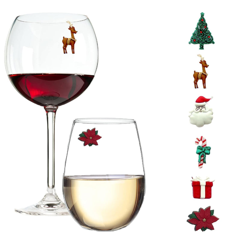 Christmas Wine Glass Charms - Set of 6 Magnetic Drink Markers Great for Stemless Glasses - Winter Holiday Hostess Gift by Simply Charmed