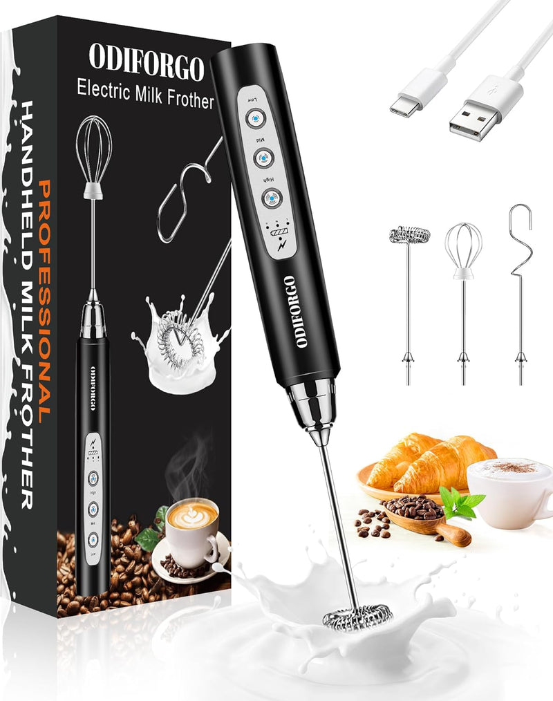 ODIFORGO Rechargeable Milk Frother Handheld, Electric Drink Mixer with 3 Stainless Whisks 3 Speed Adjustable, Coffee Foam Maker, Electric Whisk, Coffee Frother Wand for Latte Matcha Protein Powder