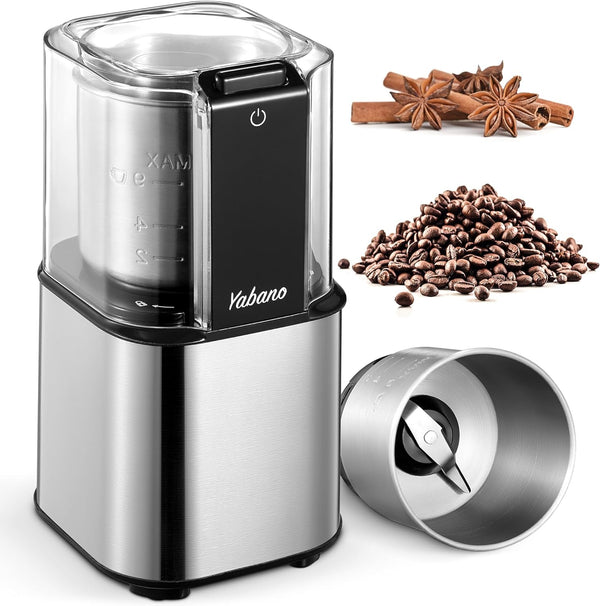 Yabano Coffee Grinder Electric, Spice Grinder/Herb Grinder, One Touch Coffee Bean Grinder,Food Grade Stainless Steel Blades with 1 Removable Stainless Steel Bowl, Dishwasher Safe Bowl, Black