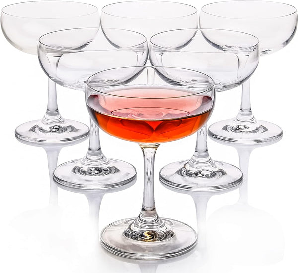 FAWLES Crystal Coupe Glasses, Set of 6, 7 Ounce(220ml), Elegant Short Stem Design, Clear Cocktail Glasses Sets Perfect for Drinking Champagne, Sweet Wine, etc.