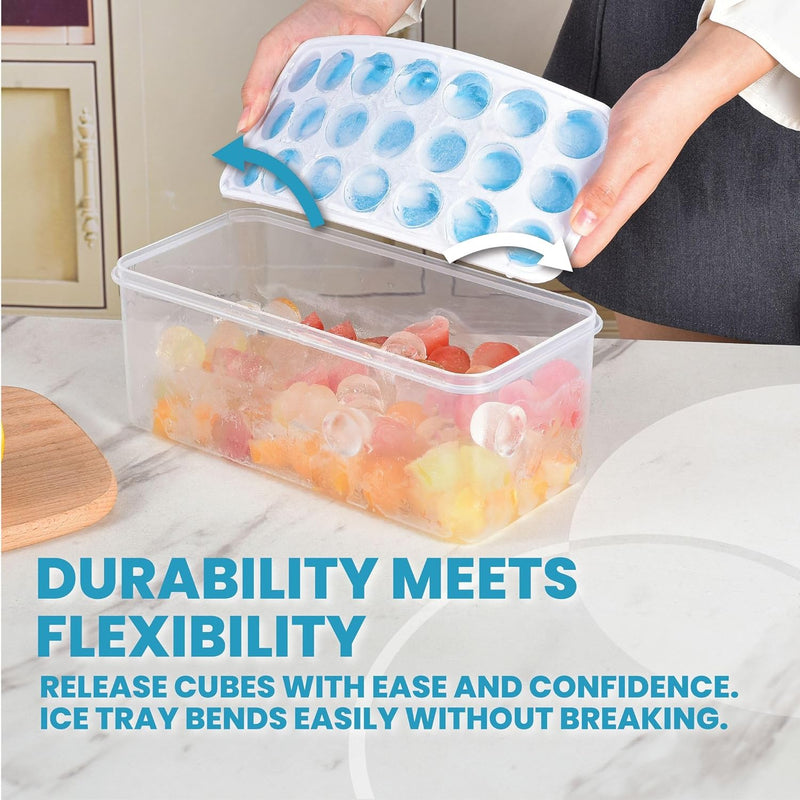 Yoove Ice Cube Tray with Lid and Bin | 4 Pack Silicone & Plastic Ice Cube Trays for Freezer | Silicone-Bottomed for Easy Cube Release | Stackable Ice Tray with Storage Ice Bucket Bin, Ice Tong & Scoop
