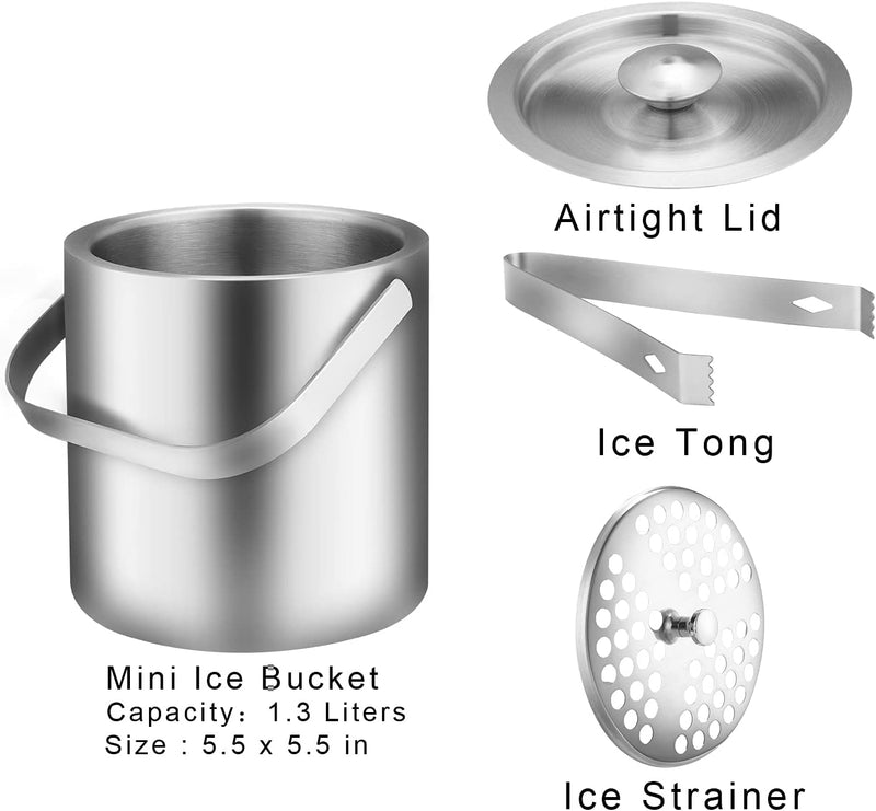 LUCKYGOOBO Mini Stainless Steel Ice Bucket Portable Double Wall Ice Bucket with Tong, Hotel Bucket/Champagne Bucket/Beverage Bucket,Size 1.3 Liters 5.5 x 5.5 in,Serveware for Party,Event,and Camping.