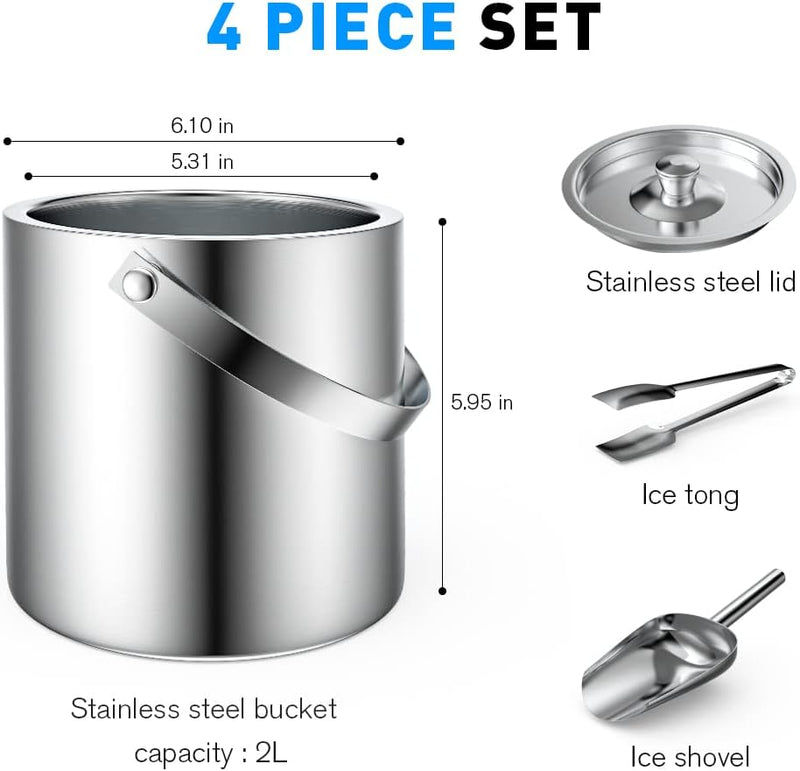 Ice Bucket 2L with Lid,Scoop,Tongs, Small Double Wall Insulated Stainless Steel Ice Bucket Wine Bucket for Cocktail Bar and Parties