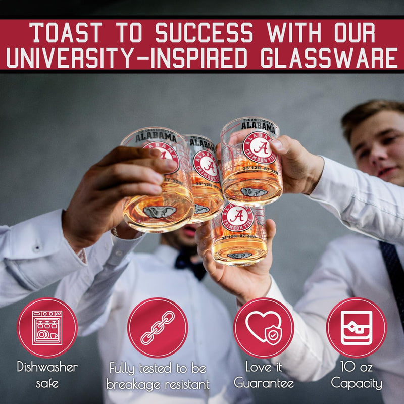 The University Of Alabama Whiskey Glass Set (2 Low Ball Glasses) - Contains Full Color Alabama Logo & Campus Map - Alabama Gift Idea for College Grads & Alumni - College Cocktail Glassware