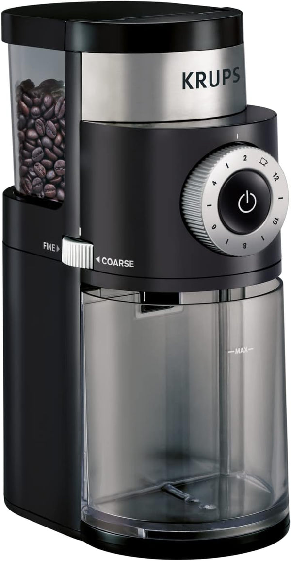 Krups Precise Stainless Steel Flat Burr Grinder 8oz, 32cups bean hopper 12 Grind from Fine to Coarse 110 Watts Removable Container, Drip, Press, Espresso, Cold Brew, 2,12 cups ground coffee Black