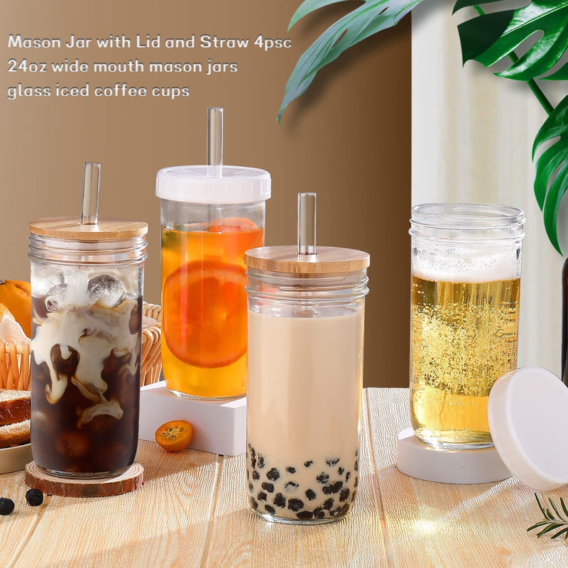 DWTS DANWEITESI Mason Jar with Lid and Straw, 24oz Glass Cups-Wide Mouth Reusable Drinking Glasses,Iced Coffee Cups Glass,Vasos De Vidrio【4 Pack】