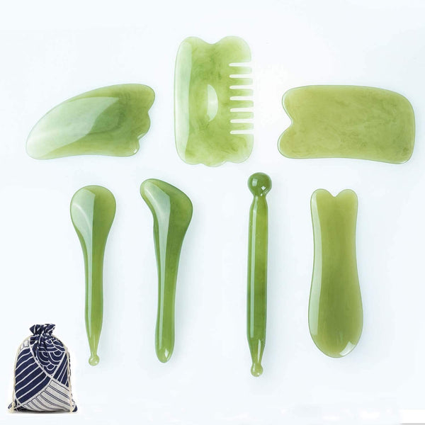 YUYONGTANG 7 Pieces Gua Sha Scraping Massage Tool,Natural Resin GuaSha Tool Massage Tools Set for Face Back and Neck Release,Reduce Muscle Pain,with Storage Bag (Green)