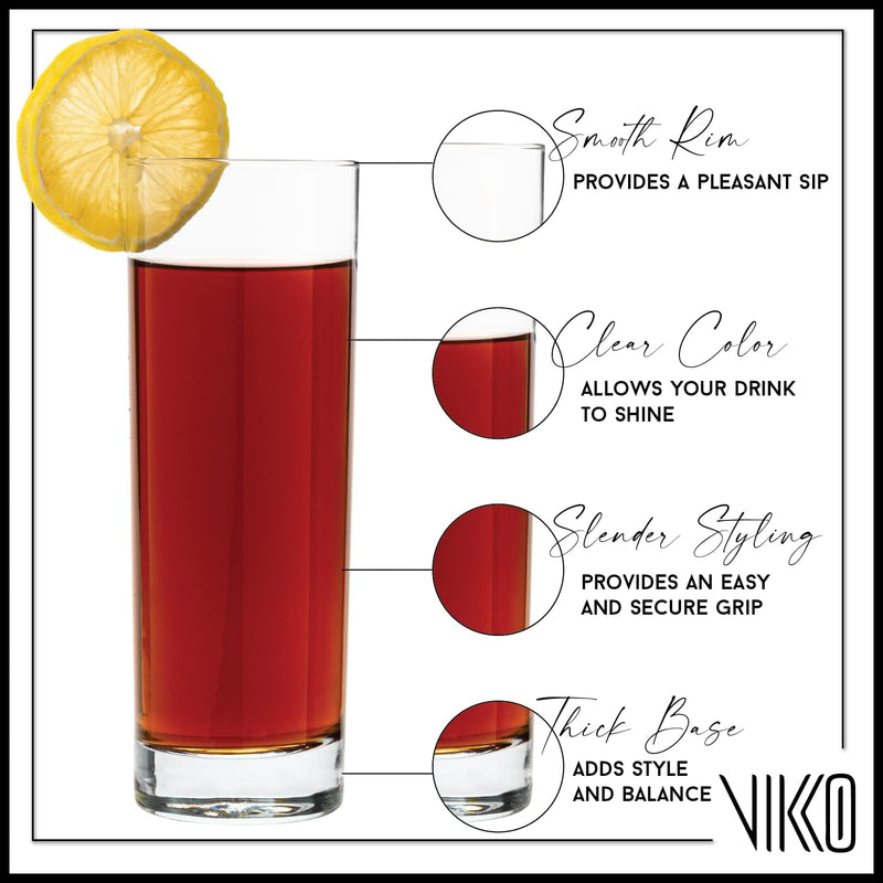 Vikko Highball Glasses with Weighted Base, 10.75 Ounce Drinking Glass, Set of 6 Collins Glasses for Juice, Water, Beverages and Cocktails