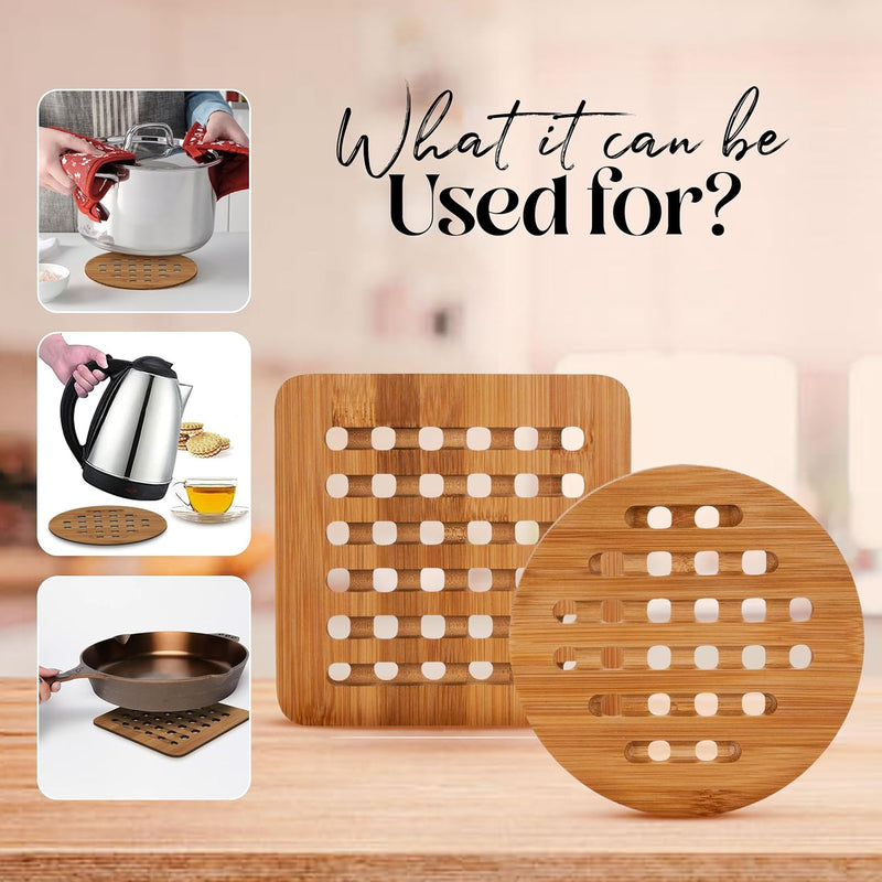 Alpine Cuisine Bamboo Trivet 2pc Set Round & Square 15cm - Hot Plate Trivet for Kitchen, Heat-Resistant Trivet Mats for Home Kitchen, Coffee Table, Living Room, Bar, Hot Dishes, Pot, Bowl, & Teapot