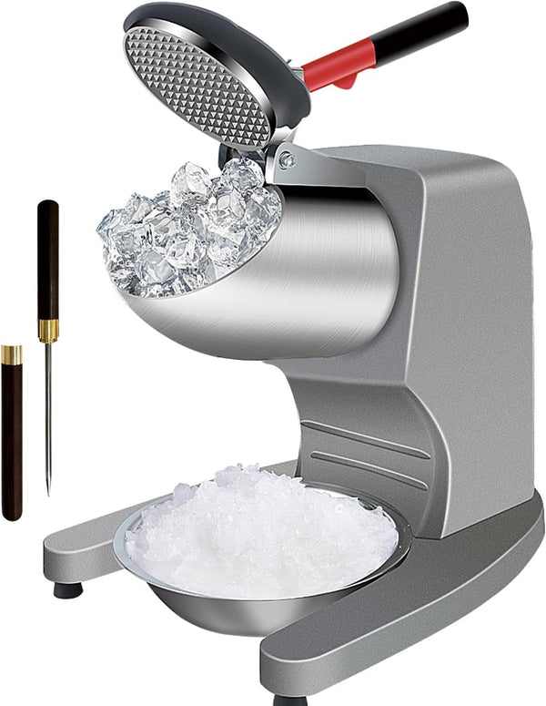 OKF Ice Shaver Prevent Splash Electric Three Blades Snow Cone Maker 380W Stainless Steel Shaved Ice Machine 286lbs/hr Home and Commercial Ice Crushers with Ice Pick