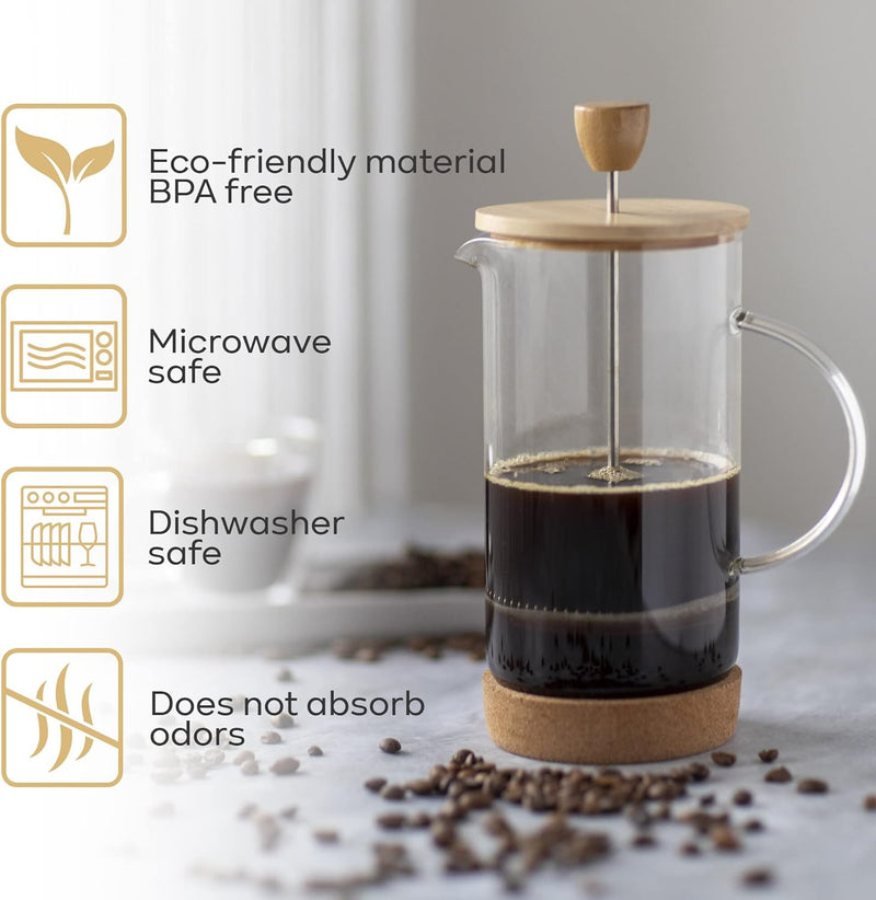 UpNew Style French Press Coffee Maker 34 Ounce, Cold Brew Coffee Maker, Stainless Steel French Press Glass, Heat-resistant Thickened Borosilicate Glass, Eco-friendly Bamboo lid, Cork Base