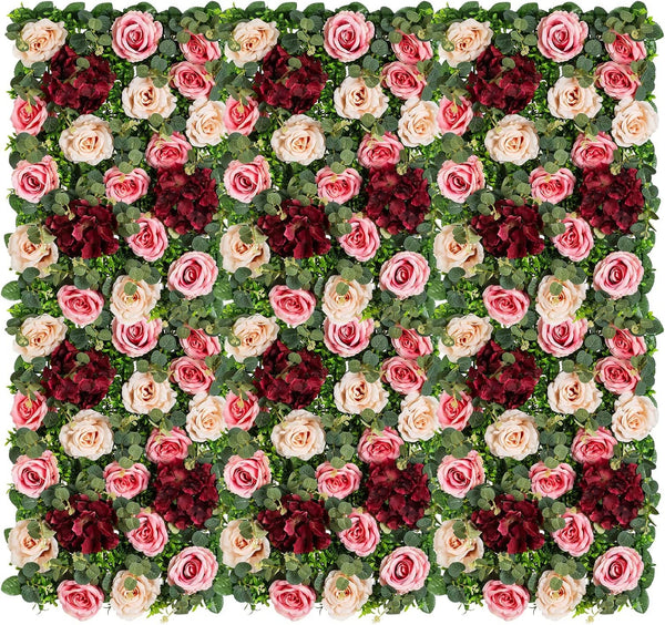 Flower Wall Backdrop - 6pcs Pink  Red Faux Rose Panels for Wedding or Shower Decor