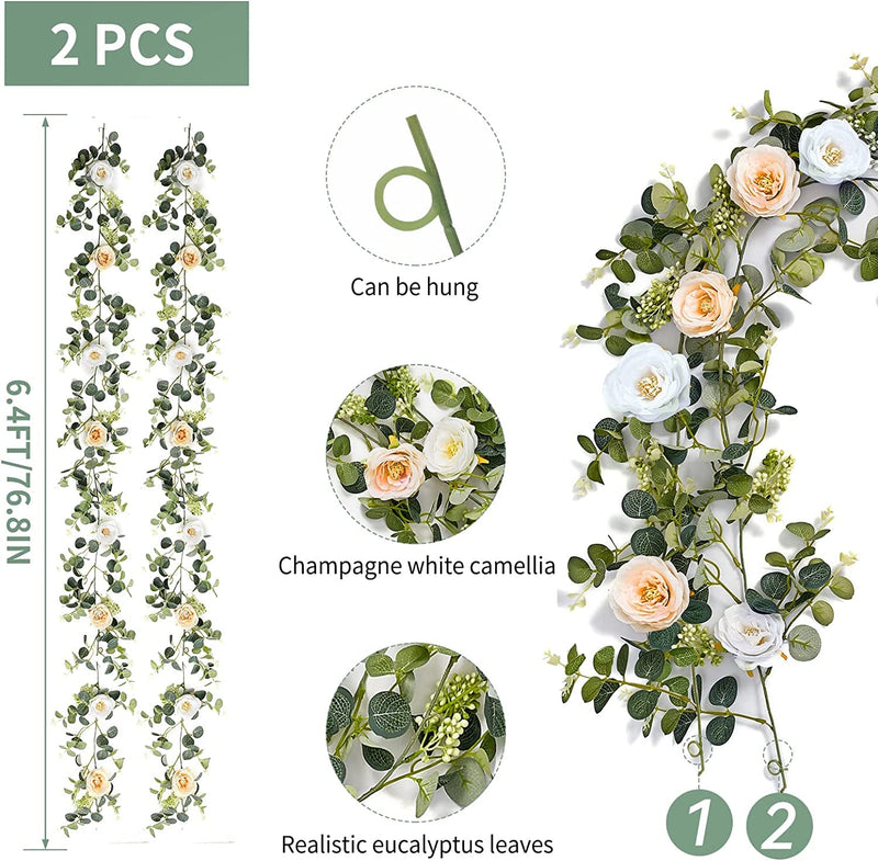 2Pcs 13FT Flower Garlands - Artificial Floral Decor for WeddingsParties - Champagne White RoseEucalyptus Theme