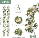 2Pcs 13FT Flower Garlands Artificial Floral Garlands for Decor with Silk Flowers Champagne White Rose Garlands Seeded Eucalyptus Garlands for Wedding Arch Table Wall Backdrop Party Decor