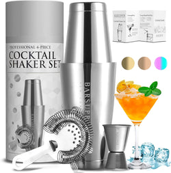 Professional Boston Cocktail Shaker Set | 4-Piece Bar Set | Stainless Steel 304 | 28oz/18oz Weighted Shaker Tins | Hawthorne Strainer | Double Sided Jigger | Recipe Booklet | Bartender Kit (Silver)