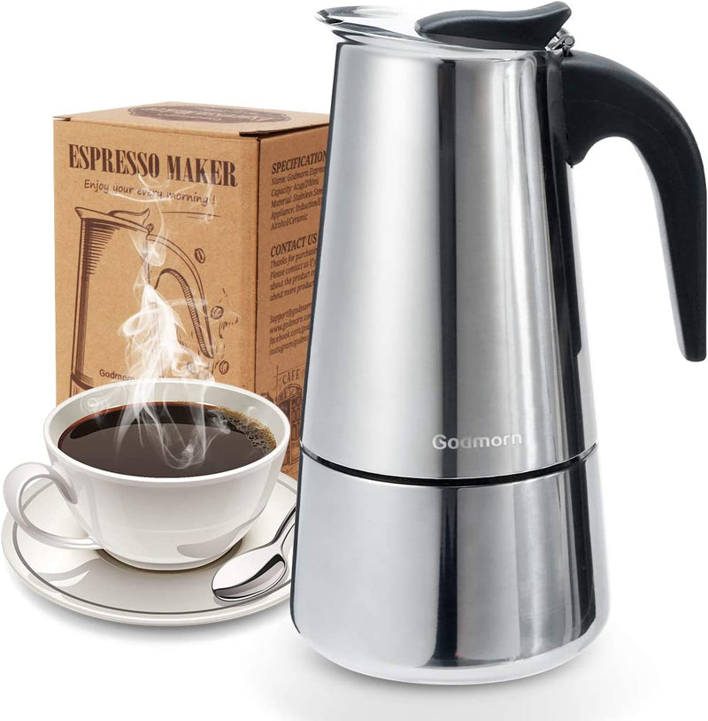 Godmorn Stovetop Espresso Maker, Moka Pot, Percolator Italian Coffee Maker, 300ml/10oz/6 cup (espresso cup=50ml), Classic Cafe Maker, stainless steel , suitable for induction cookers