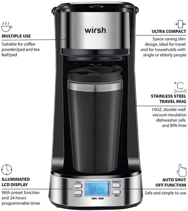 wirsh Single Serve Coffee Maker- Small Coffee Maker with Programmable Timer and LCD display, Single Cup Coffee Maker with 14 oz.Travel Mug and Reusable Coffee Filter,NON-POD Coffee Maker,Black