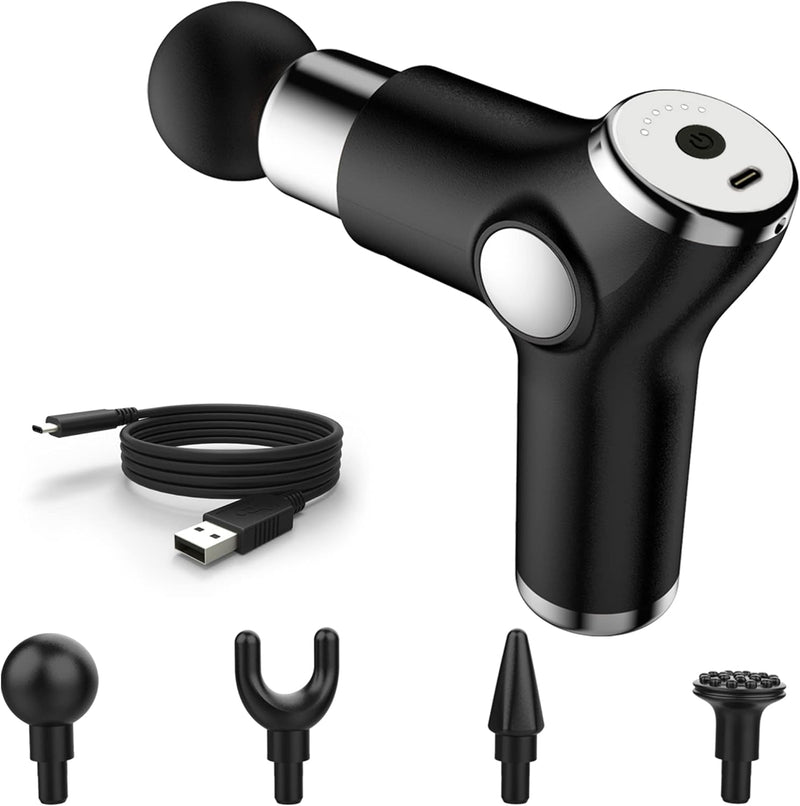 Exrebon Mini Handheld Massage Gun - Small Portable Electric Percussion Muscle Massager Gun - Compact Deep Tissue Fascia Travel Massager, 4 Massager Heads 6 Speed Black