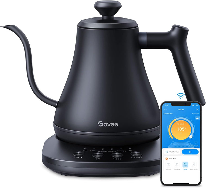 Govee Smart Electric Kettle, WiFi Variable Temperature Gooseneck Pour Over Kettle and Tea Kettle, Alexa Control, 1200W Quick Heating, 100% Stainless Steel, 0.8L, Matte Black