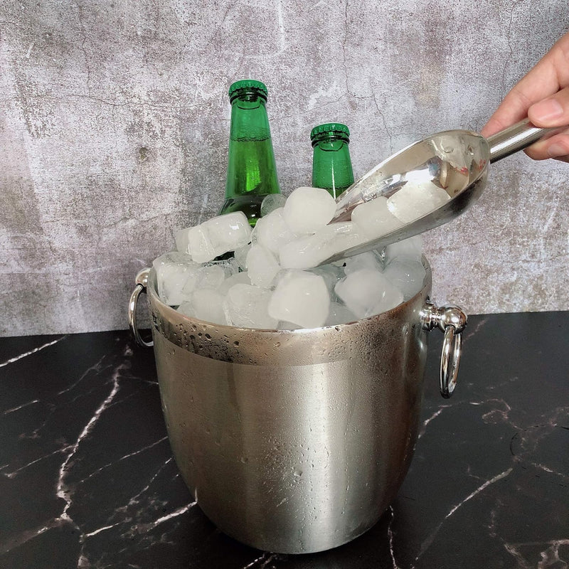 Ice Bucket Double Wall Insulated- Well Made Champagne &Wine Bucket Keeps Ice Frozen Longer - 3 Liter Stainless Steel Ice Bucket with Lid, Tongs,Scoop