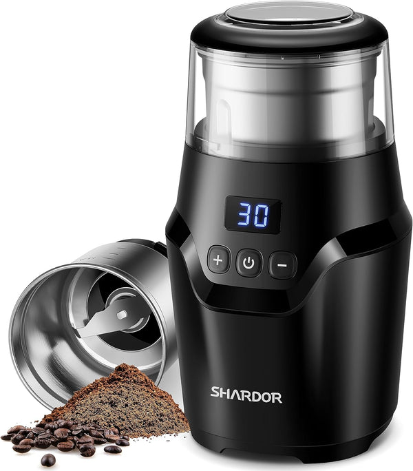 SHARDOR Adjustable Coffee Grinder Electric, Super Silent Electric Coffee Bean Grinder with Time-Memory Adjustment and Multi-Functional Stainless Steel Cup for Spices, Herbs, and Nuts Grinding, Black