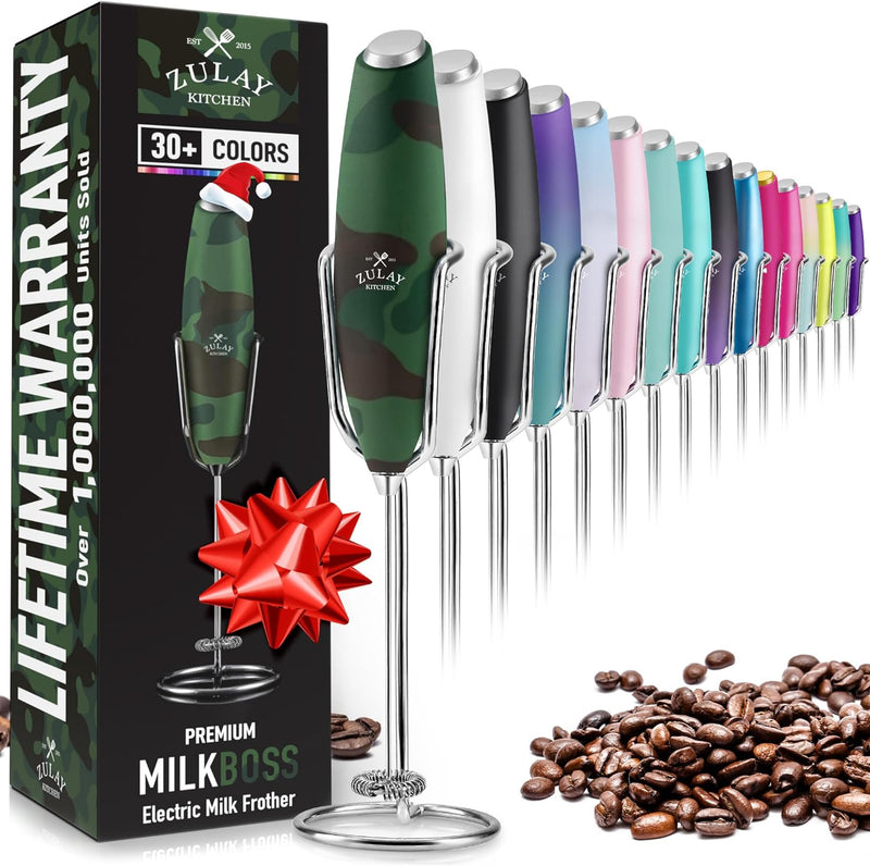 ULTRA HIGH SPEED MILK FROTHER For Coffee With NEW UPGRADED STAND - Powerful, Compact Handheld Mixer with Infinite Uses - Super Instant Electric Foam Maker with Stainless Steel Whisk by Zulay (White)