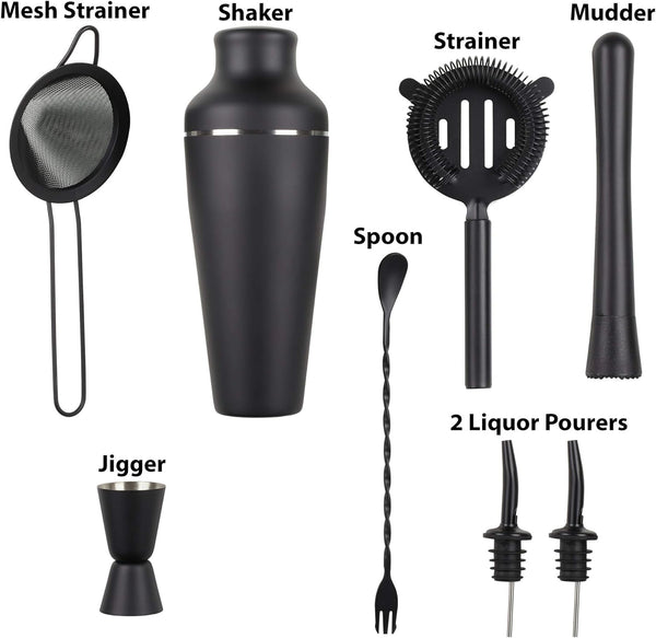 LEMONSODA 8-Piece Cocktail Shaker Set with Stand - Complete Mixology Bartender Kit for Home Bar - Drink Mixer Barware Bartending Kit with Martini Shaker, Strainer, Jiggers, Wine Pourers, Wooden Stand