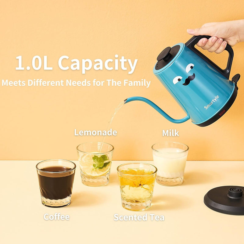 Smartyle Gooseneck Electric Kettle,1.0L Colorful Electric Tea Kettle of Stainless Steel,1000W Cartoon Hot Water Kettle with Auto Shut Off,Cute Pour Over Kettle for Coffee and Tea-Blue