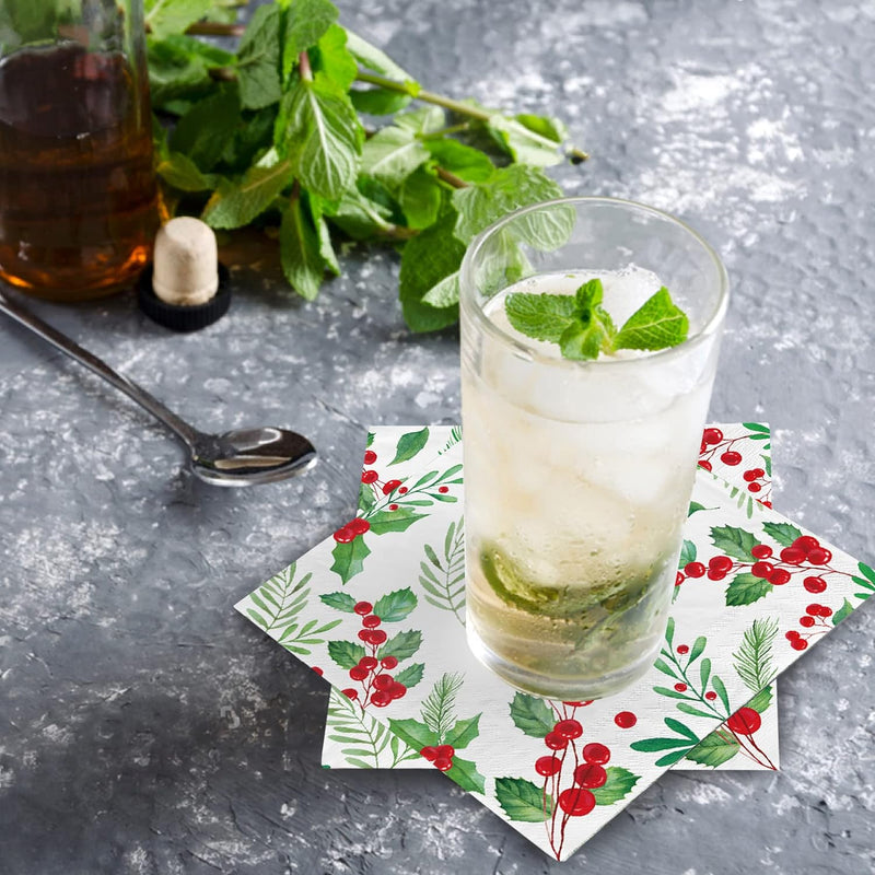 Christmas Party Supplies, Christmas Seasonal Holly Paper Beverage Napkins, Paper Cocktail Napkins for Merry Christmas Party and Holiday Party Decorations
